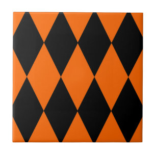 Orange Black Harlequin Diamonds Checkers Design Tile