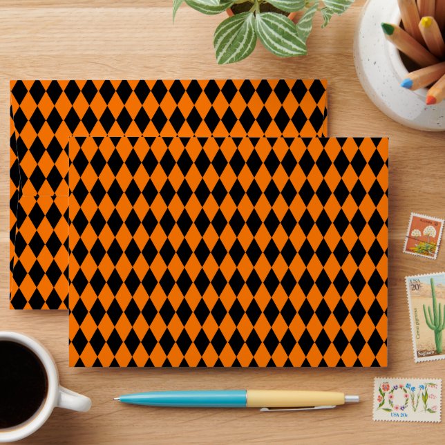 Orange Black Harlequin Halloween Party Invitations Envelope (Desk)