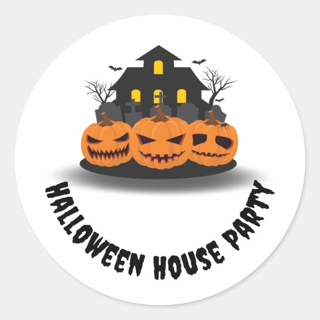 Orange Black Haunted House with Pumpkins Halloween Classic Round Sticker (Front)