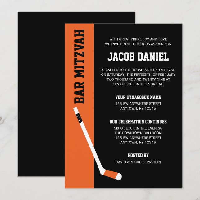 Orange Black Hockey Bar Mitzvah Invitation (Front/Back)