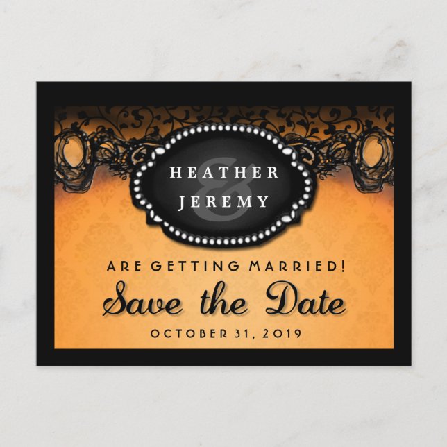 Orange & Black Lace Halloween Save Date PostCard (Front)