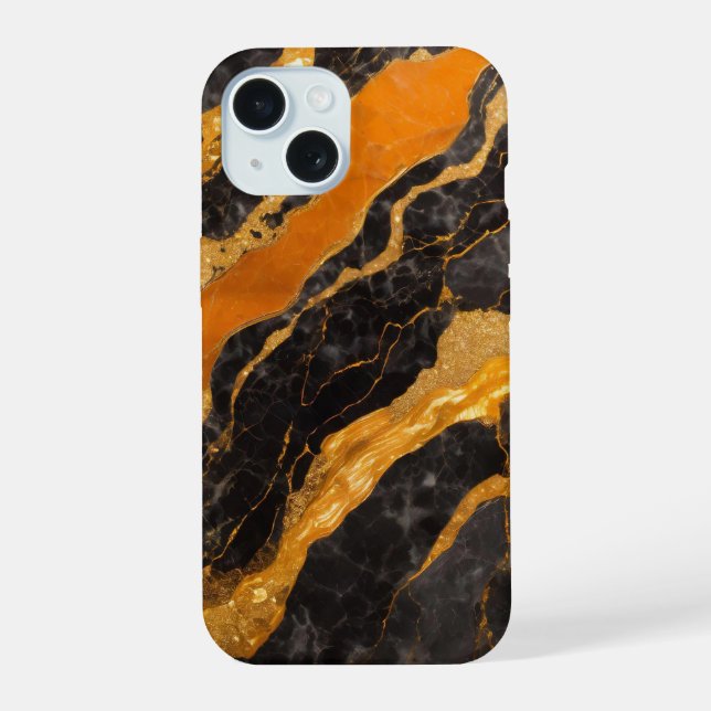 Orange Black Marble Pattern with Gold iPhone 15 Case (Back)