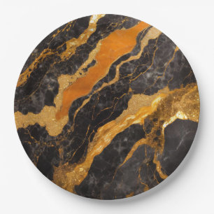 Orange Black Marble Pattern with Gold Paper Plate