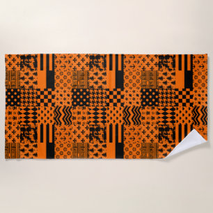 Orange Black Mixed Patterns Patchwork Design Beach Towel