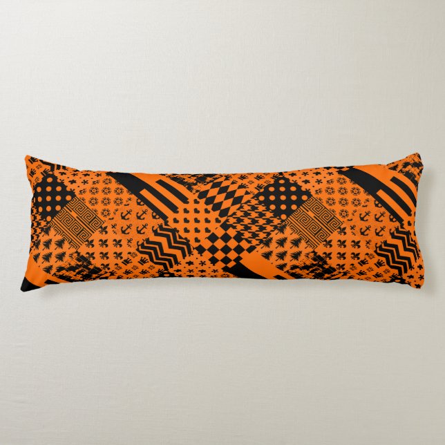 Orange Black Mixed Patterns Patchwork Design  Body Pillow (Front)