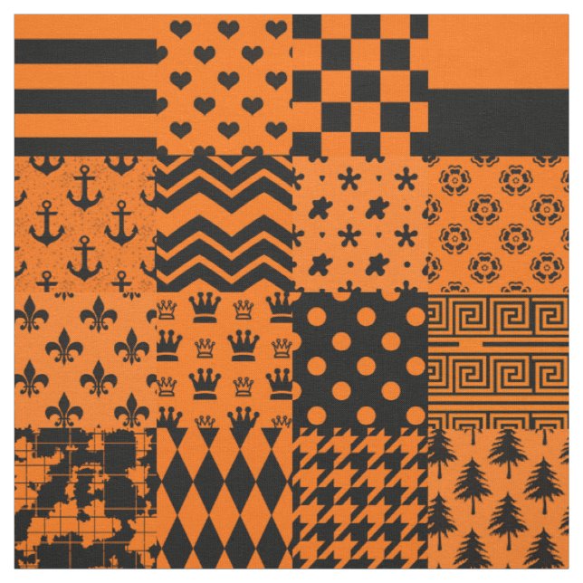 Orange Black Mixed Patterns Patchwork Design  Fabric (Swatch)