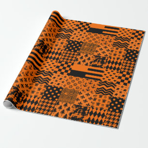 Orange Black Mixed Patterns Patchwork Design Wrapping Paper
