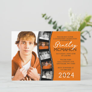 Orange & Black Modern Filmstrip 6 Photo Graduation Invitation