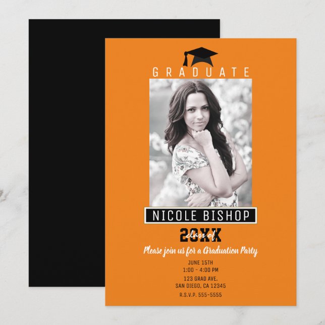 Orange & Black Modern Graduation Photo Party Invitation (Front/Back)