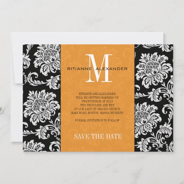 Orange Black Monogram Damask Wedding Save The Date Invitation (Front)