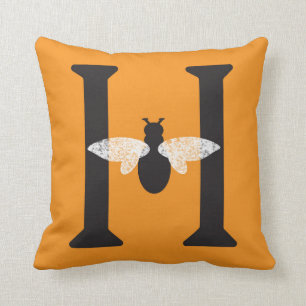 Orange Black Monogram 'H' Honey Bee Throw Pillow