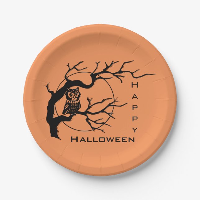 Orange & Black Owl Happy Halloween Paper Plates (Front)