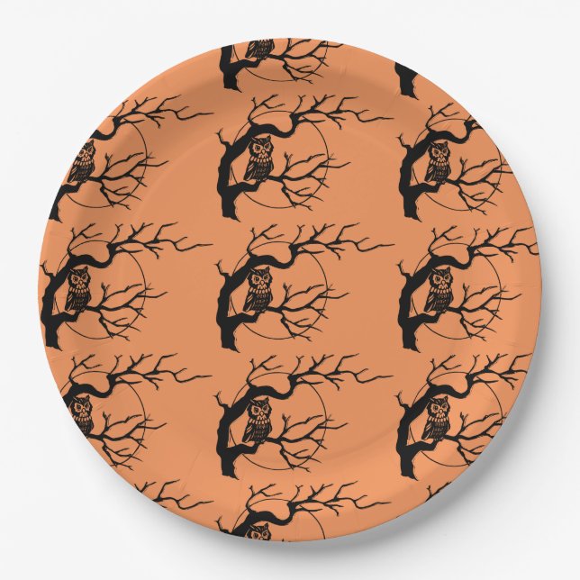 Orange & Black Owls Halloween Party Paper Plates (Front)