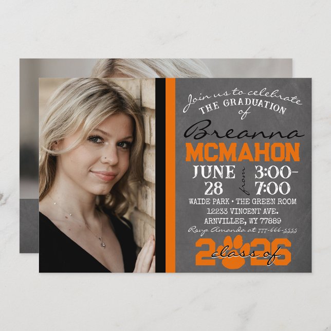 Orange & Black Paw Print Graduation 2 Photo Invitation (Creator Uploaded)