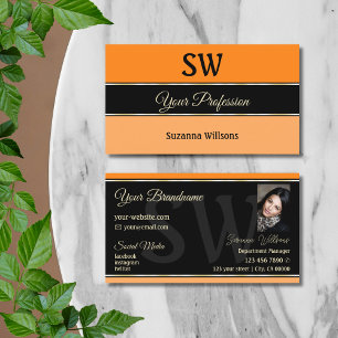 Orange Black Peach Stripes with Monogram and Photo Business Card