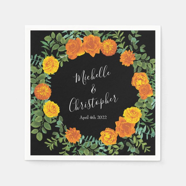 Orange Black Peony & Rose Floral Wedding Napkin (Front)