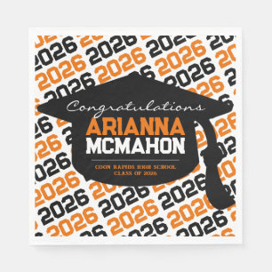 Orange & Black Personalized Graduation Cap Paper Napkin