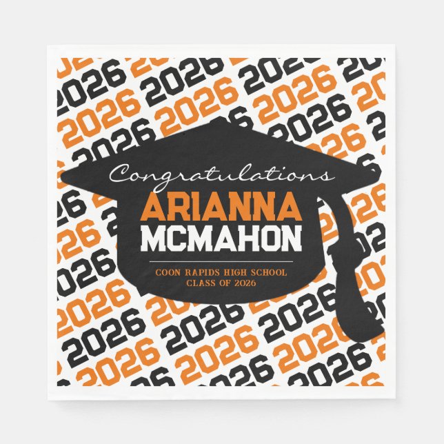 Orange & Black Personalized Graduation Cap Paper Napkin (Front)