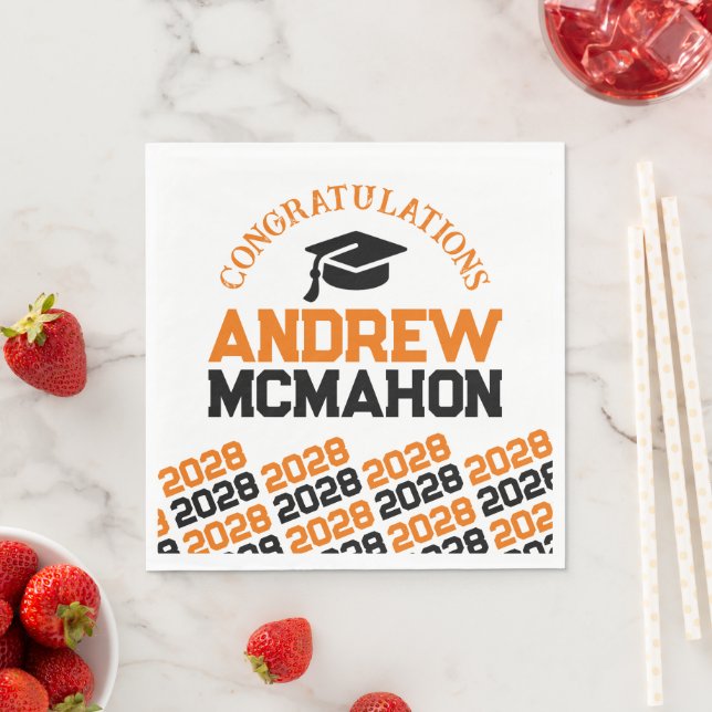 Orange & Black Personalized Graduation Party Paper Napkin (Insitu)