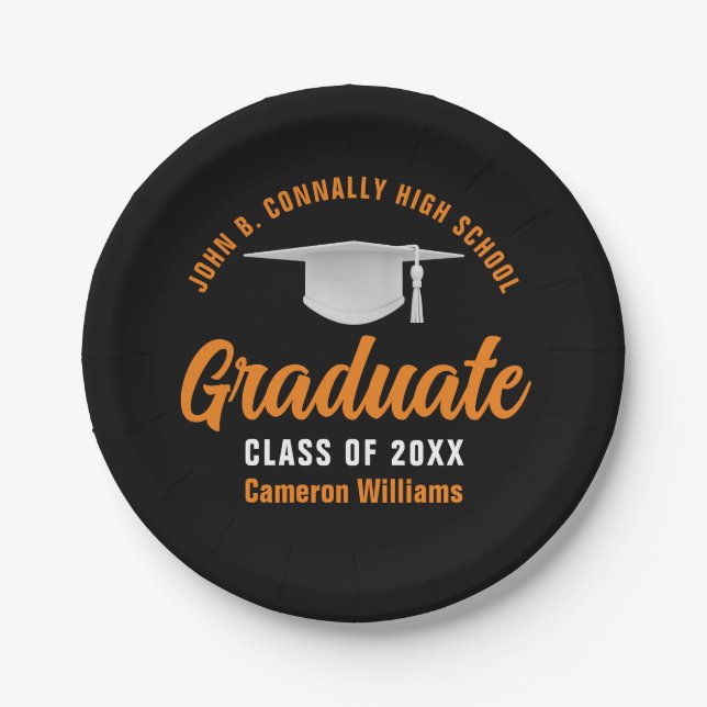 Orange Black Personalized Graduation Party Paper Plate (Front)