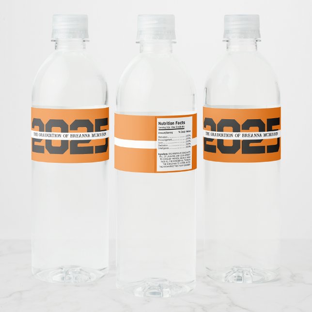 Orange & Black Personalized Graduation Water Bottle Label (Creator Uploaded)