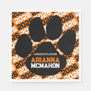 Orange & Black Personalized Paw Graduation Paper Napkin