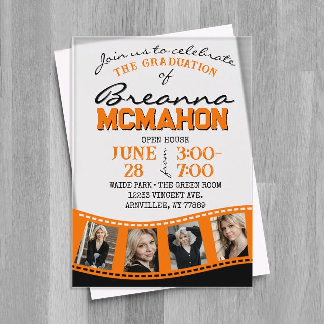 Orange & Black Photo Graduation Filmstrip Frosted Acrylic Invitations (Orange and Black 4 Photo Filmstrip Graduation Invitations on Frosted or Clear Acrylic)