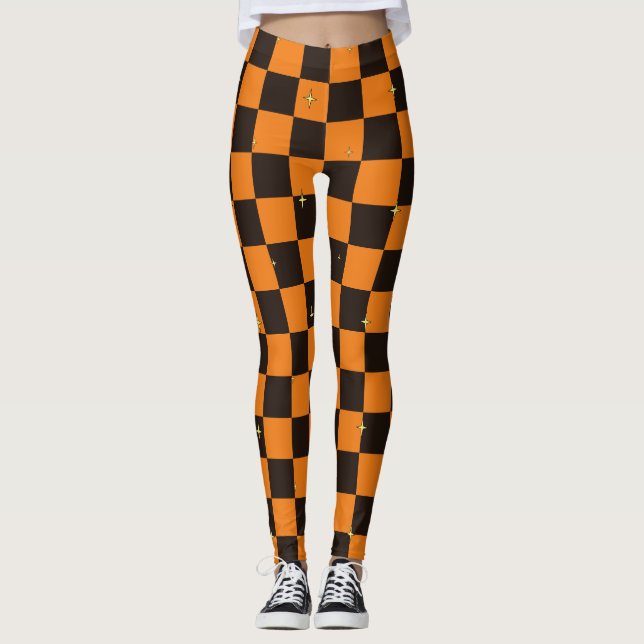 Orange & Black Plaid Halloween Leggings With Stars (Front)