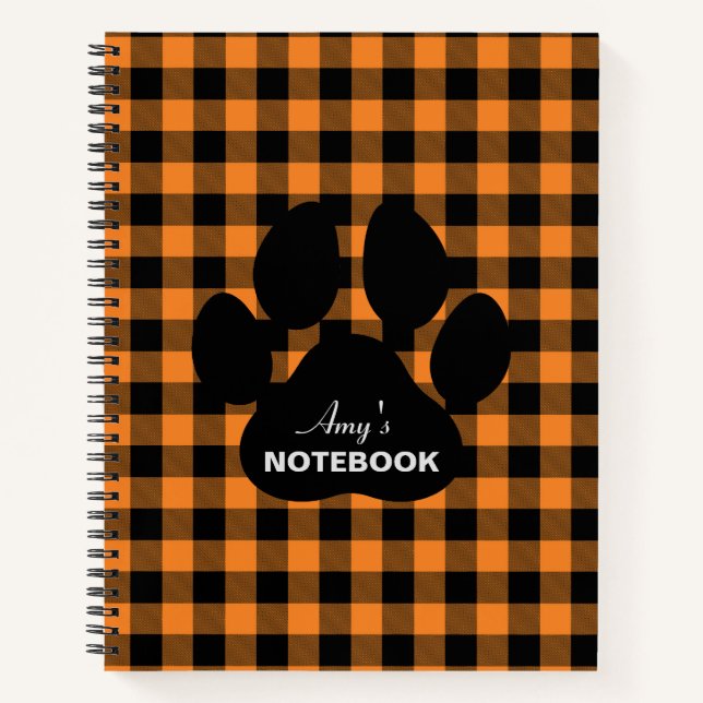 Orange Black Plaid Paw Print Notebook Journal (Front)