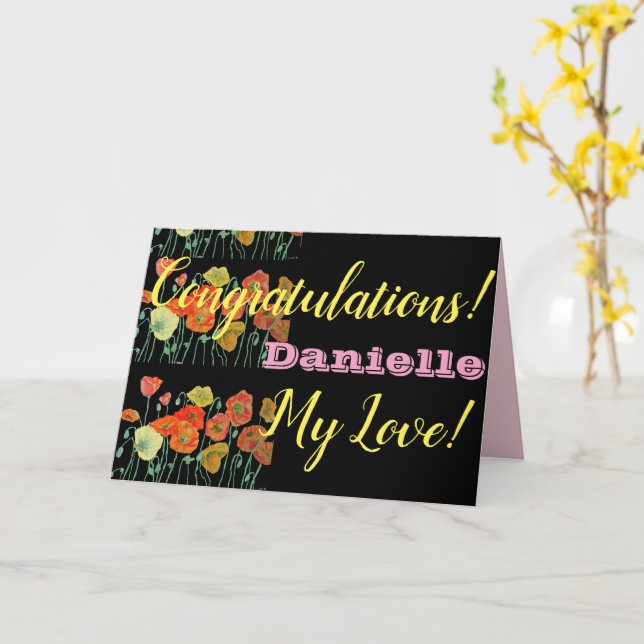 Orange Black Poppy Congratulations Lady Name Card (Yellow Flower)