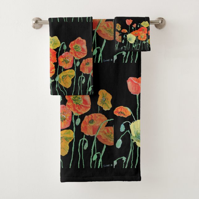 Orange Black Poppy poppies fleurs art Serviette en (En situation)