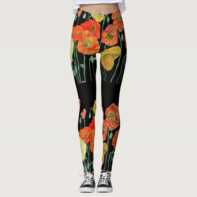 Orange & Black Poppy Poppies Floral Art Leggings (Front)