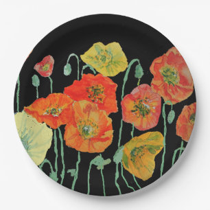 Orange Black Poppy Poppies Flower Floral Pattern Paper Plate