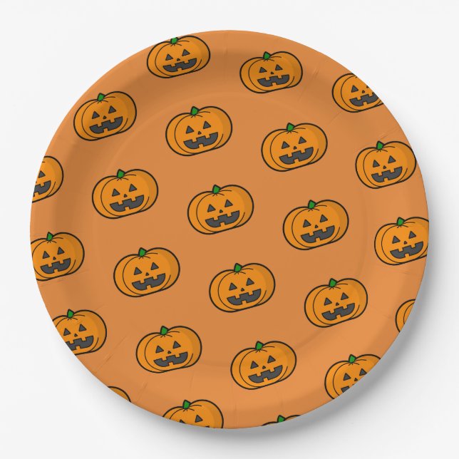 Orange Black Pumpkin Pattern Halloween Party Paper Plate (Front)