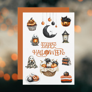 Orange Black Pumpkins Ghosts Happy Halloween Holiday Card