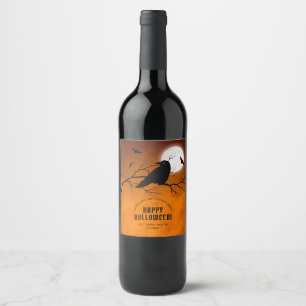 Orange Black Raven Bats Full Moon Halloween Party Wine Label