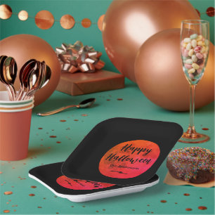 Orange Black Scary October Moon Halloween Party Paper Plate
