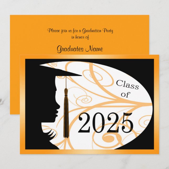 Orange & Black Silhouette 2025 Graduation Party Invitation (Front/Back)