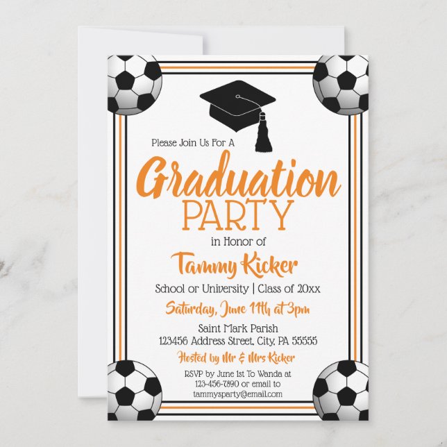 Orange & Black Soccer Graduation Party Invitation (Front)
