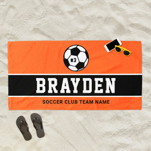 Orange Black Soccer Player Custom Name Beach Towel
