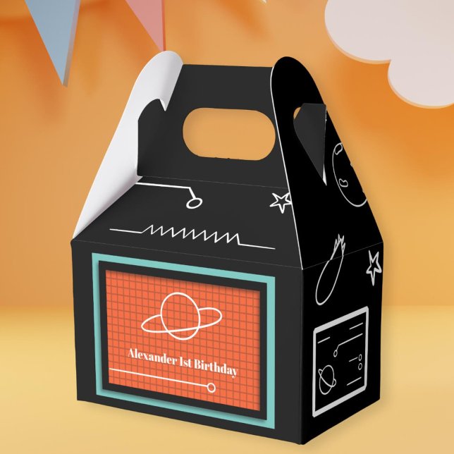 Orange Black Space Planets First Birthday Favour B Favor Box (Creator Uploaded)