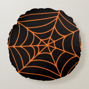 Orange Black Spider Web Print Spooky Halloween Round Pillow