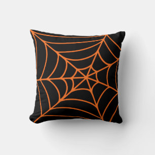 Orange Black Spider Web Print Spooky Halloween Throw Pillow