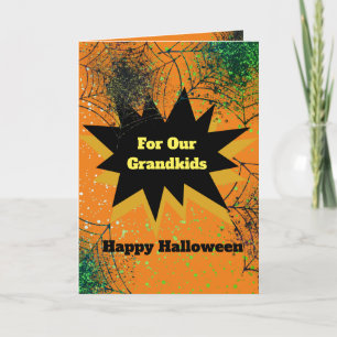 Orange Black Spiderweb Happy Halloween Grandkids Card