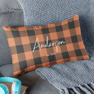 Orange Black • Stylish Bold Fall Colors Plaid Lumbar Pillow