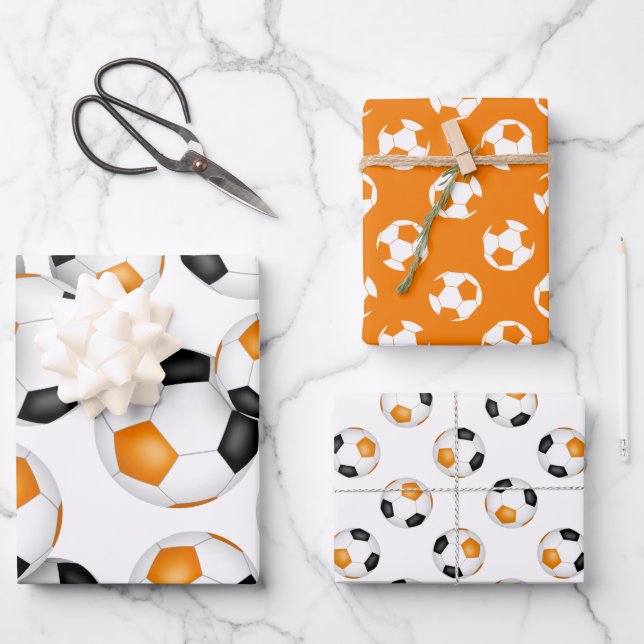 orange black team colours soccer 3 pc variety wrapping paper sheet (Front)