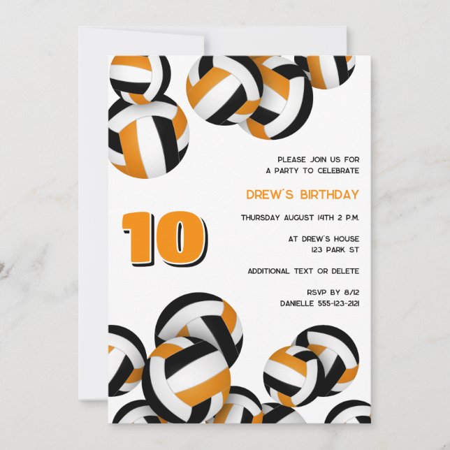 orange black team colours volleyball birthday part invitation (Front)