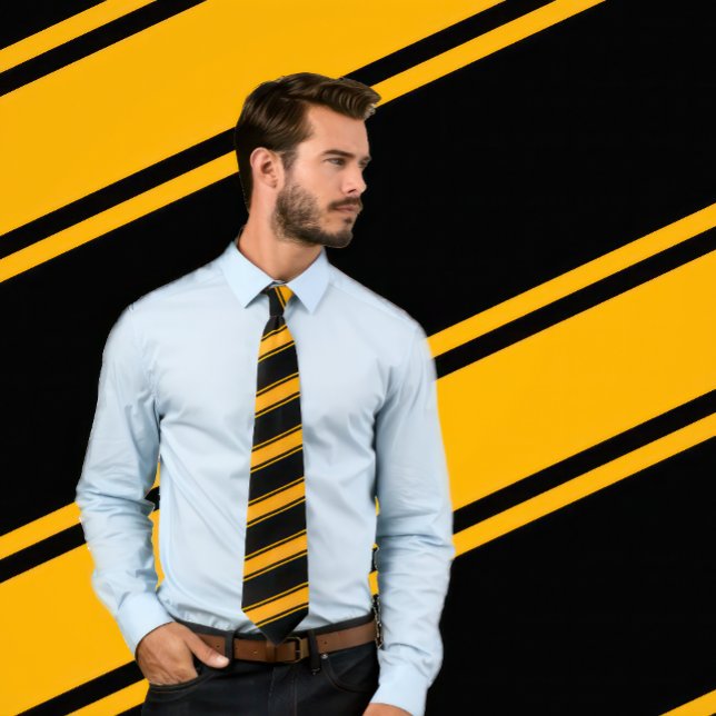 Orange & Black Thick and Thin Diagonal Stripes Tie (Man wears a Orange & Black Thick and Thin Diagonal Stripes Tie)
