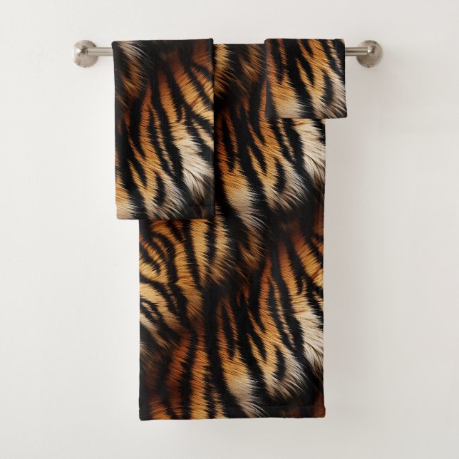 Orange Black Tiger Stripes Animal Print Bath Towel Set (Insitu)