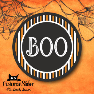 Orange & Black Vintage Stripe Boo Classic Round Sticker